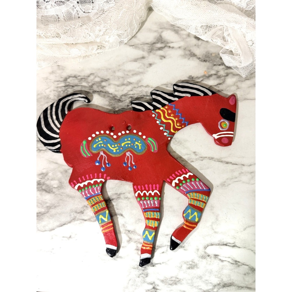 Red Painted Terra Cotta Horse wall Decor Signed 9"H x 10"L (A3134)